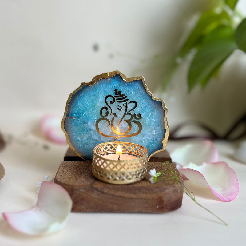 Ganesha Handcrafted Agate Religious Accent With Tealight Candle Holder - White