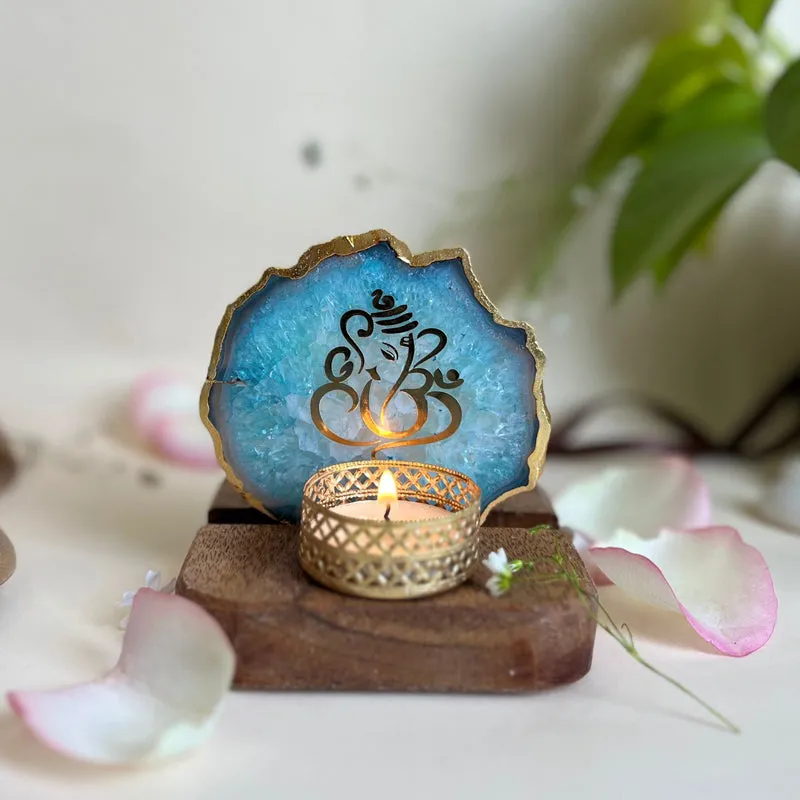 Ganesha Handcrafted Agate Religious Accent With Tealight Candle Holder - White media 1