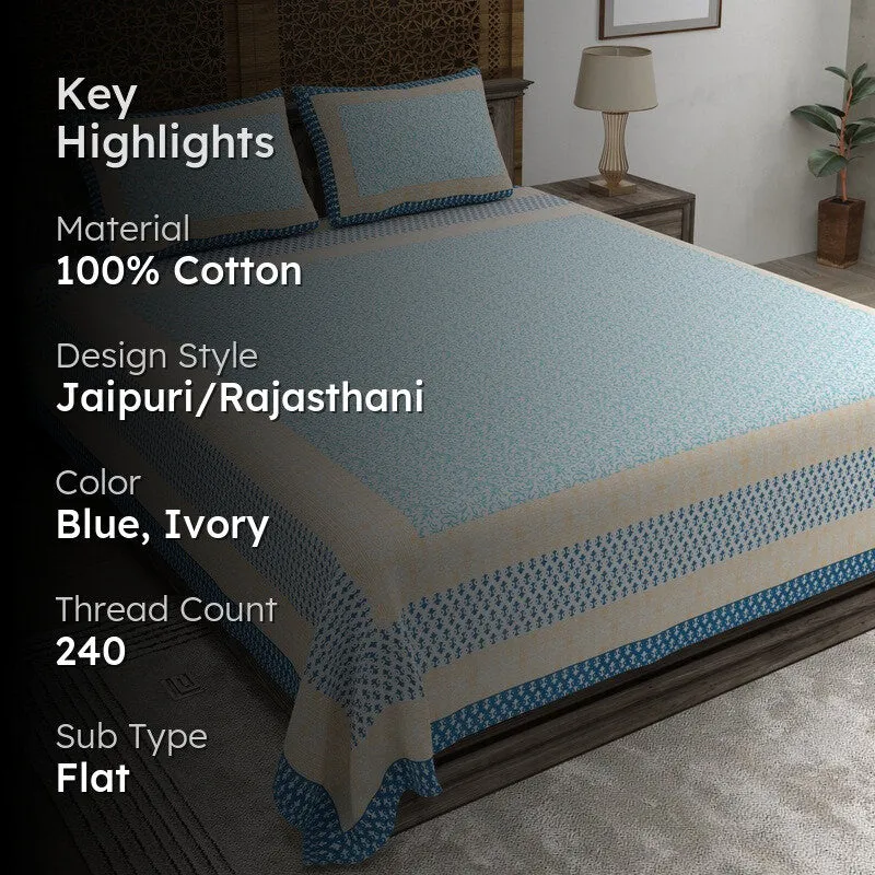Blossomon Cotton Bedsheet (Blue,Ivory) - 240 TC media 2