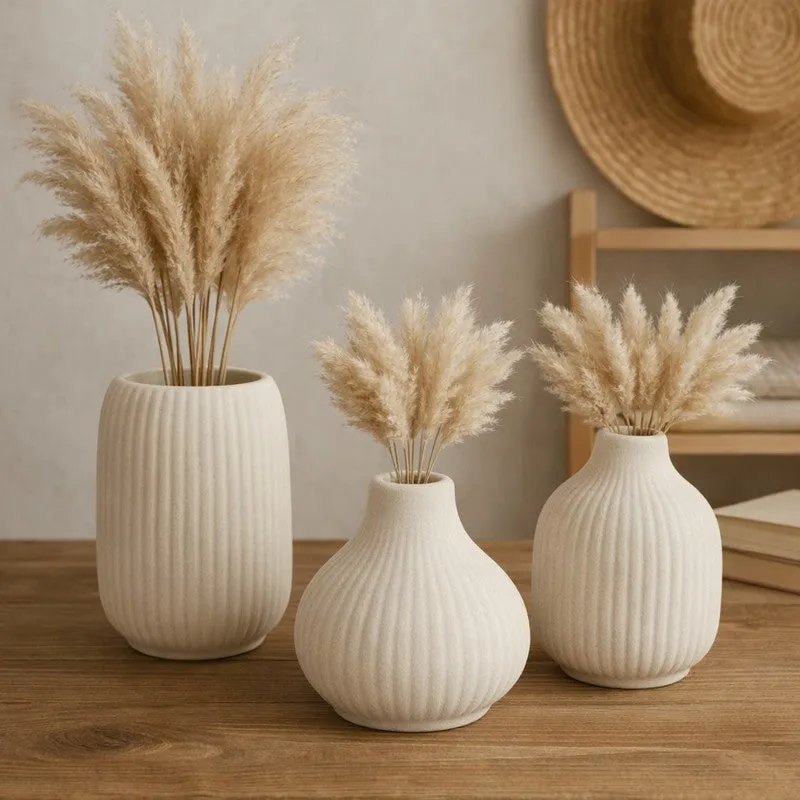 Artisan Ribbed Ceramic Vase - Set of Three media 3