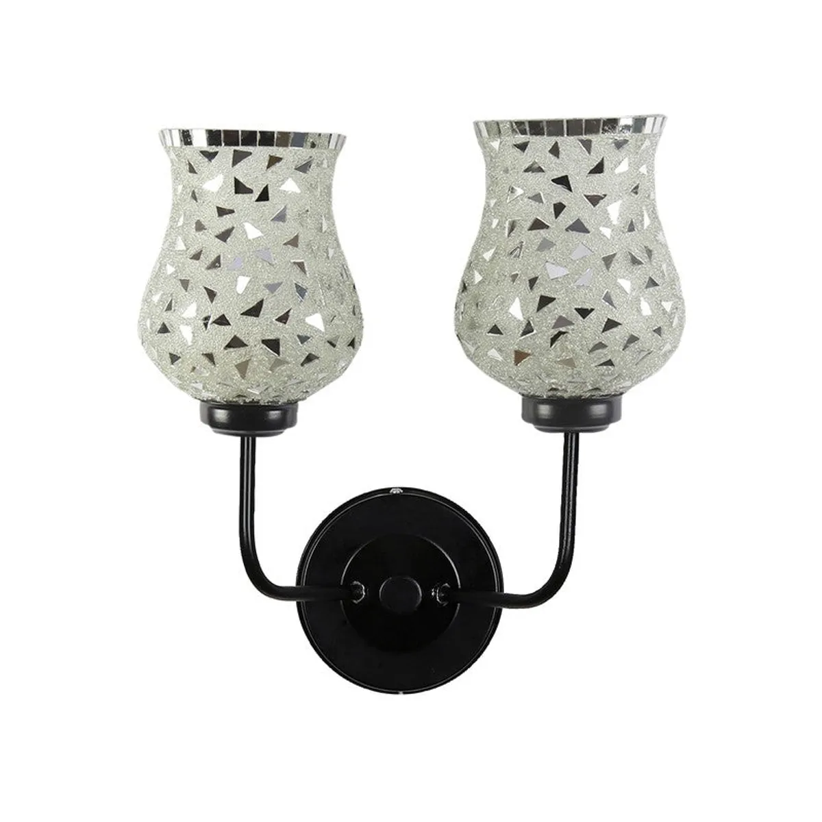 Front view of silver shard glass twin wall lamp with black round mount