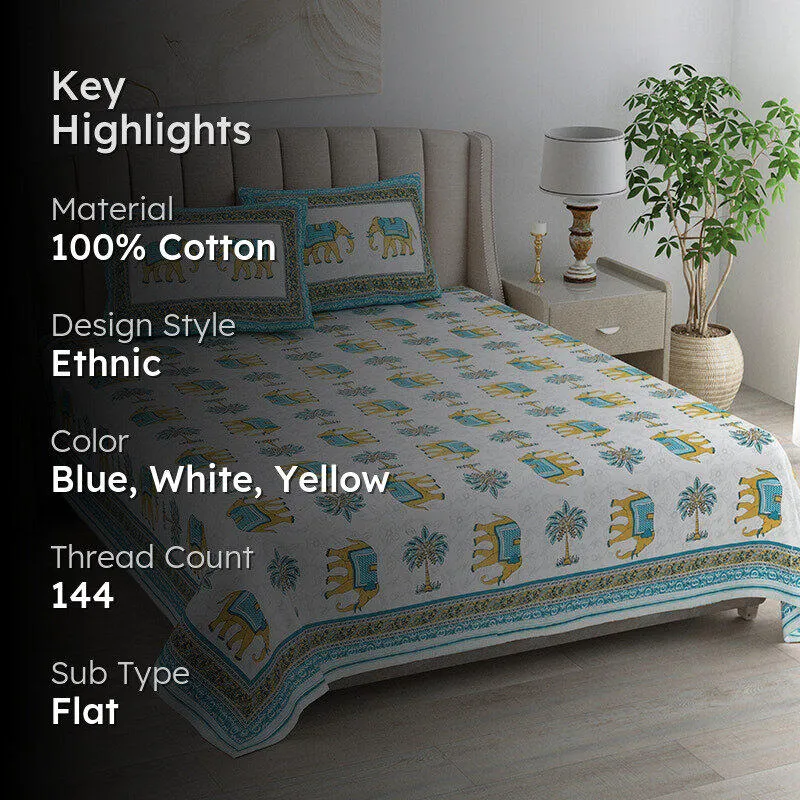 Palms & Tusks Cotton Bedsheet (Blue, Yellow) - 144 TC media 2