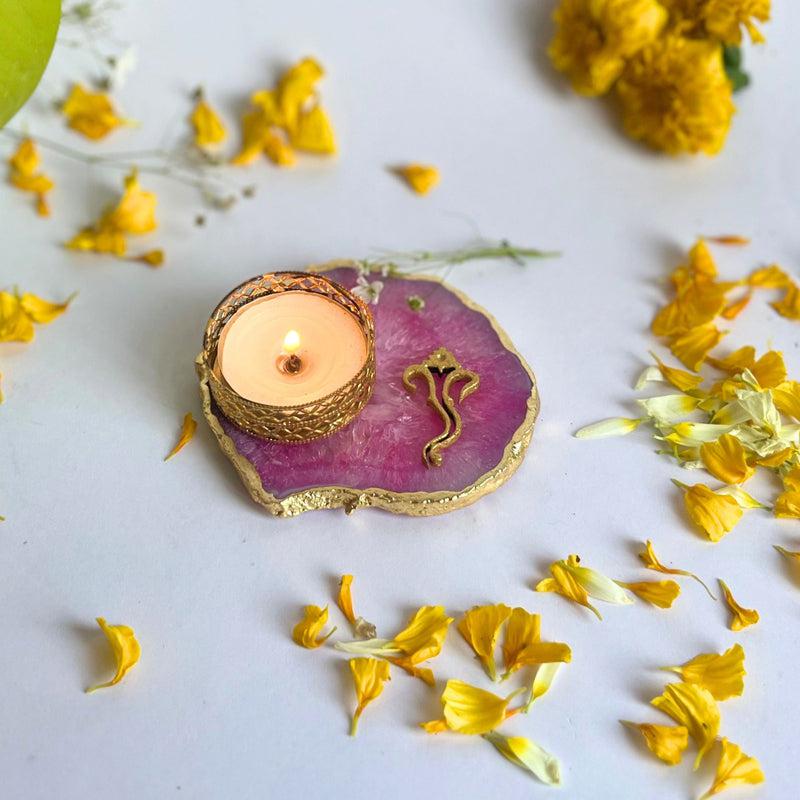 Ganesha Handcrafted Agate Tealight Candle Holder - Pink
