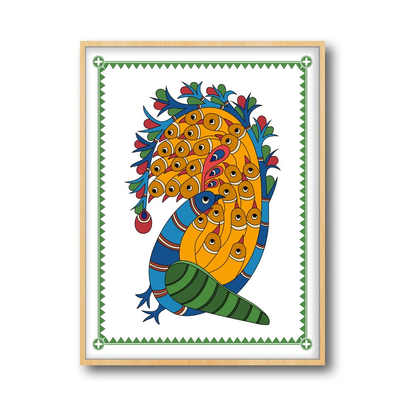 Royal Peacock Framed Madhubhani Canvas Archival Canvas Wall Painting - Natural Brown Frame media 6