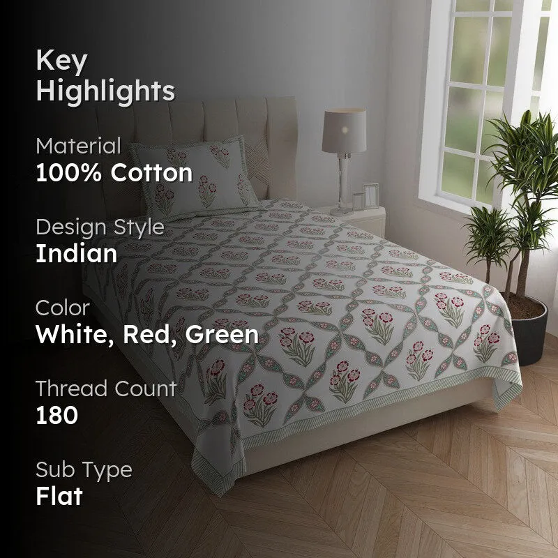 Malati I Cotton Bedsheet (Red, Light Green) - 180 TC media 2