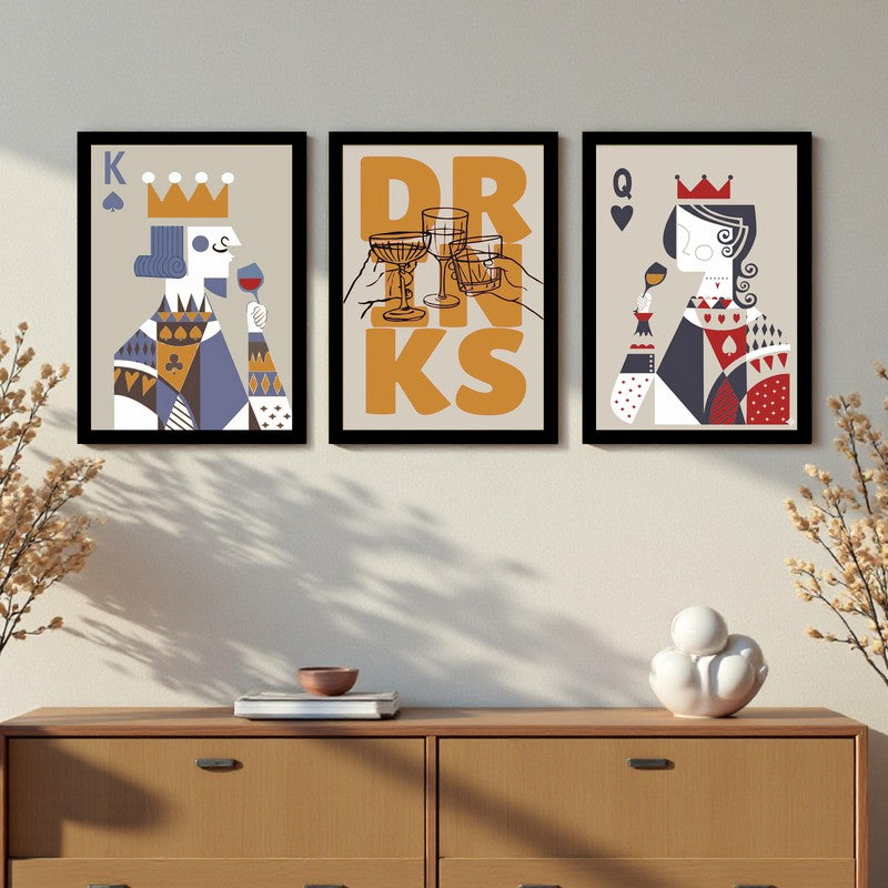 Poker King and Queen Paper Wall Painting With Frame - Set Of Three