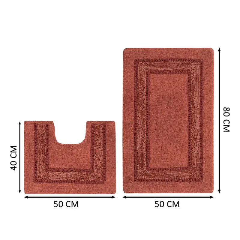 Orange bath mat and counter mat shown with their dimensions