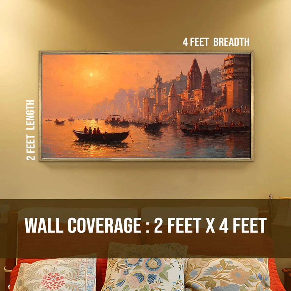 Framed sunset riverside wall art displayed above a bed in a bedroom setting