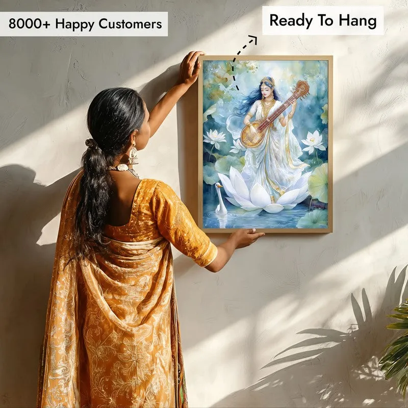 Veena Vaadhini Spiritual Archival Paper Wall Painting - Natural Brown Frame media 7