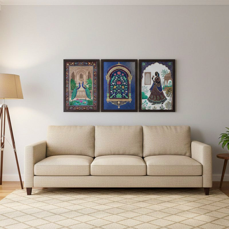 Royal Courtyard Tales Wall Painting With Frame - Set Of Three