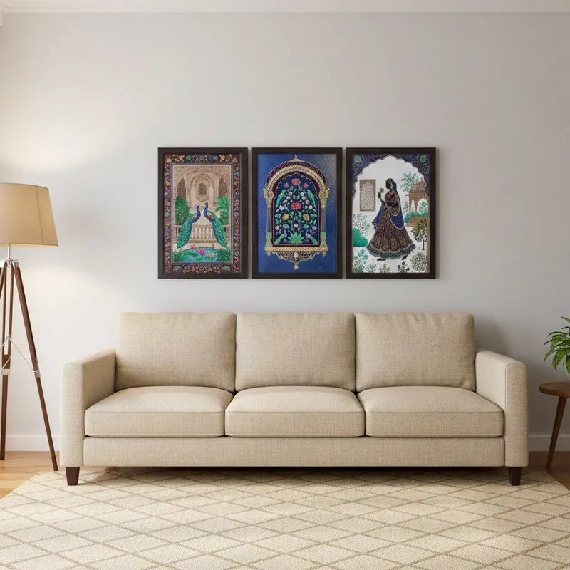 Royal Courtyard Tales Wall Painting With Frame - Set Of Three media 1