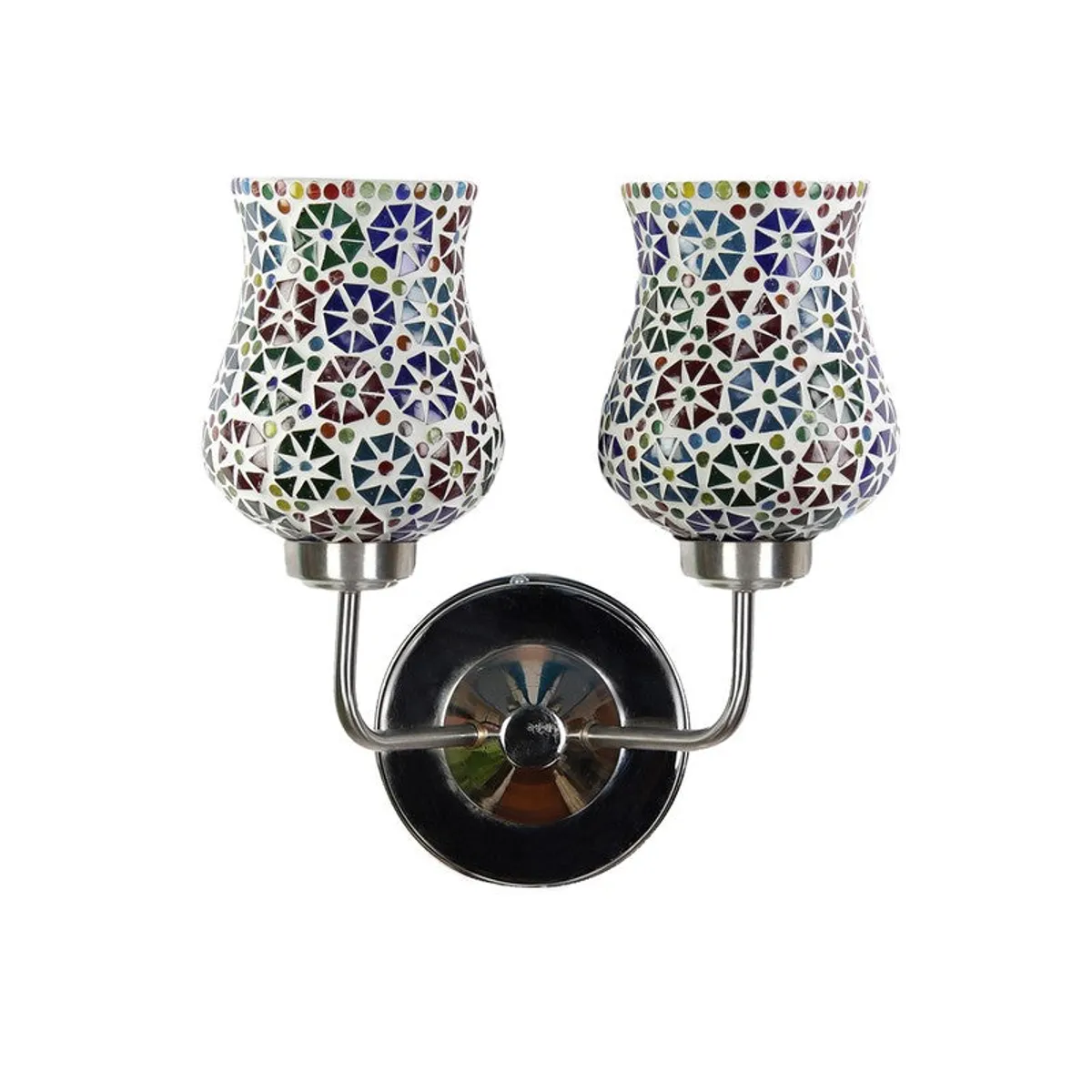 Front view of unlit dual mosaic glass wall lamp with steel base