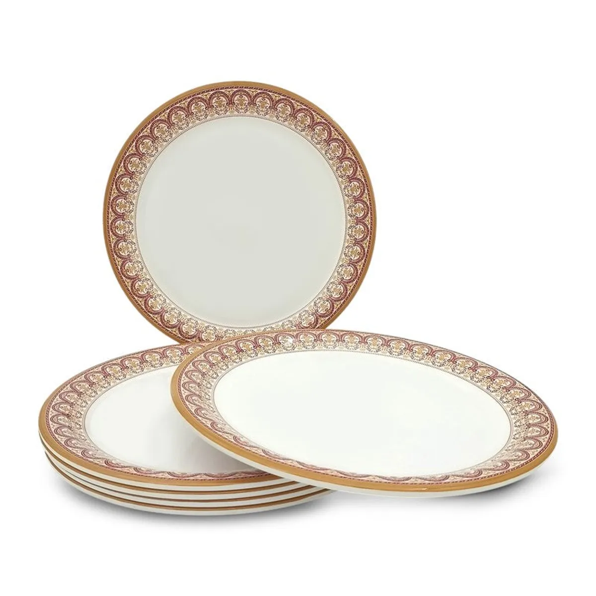 Three white quarter plates arranged with ornate brown and gold decorative borders