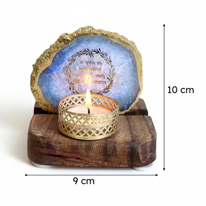 Gayathri Mantra Handcrafted Agate Religious Accent With Tealight Candle Holder - Blue media 7