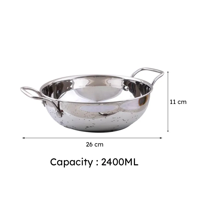 Silver stainless steel kadhai with dimensions of 11 cm and 26 cm shown