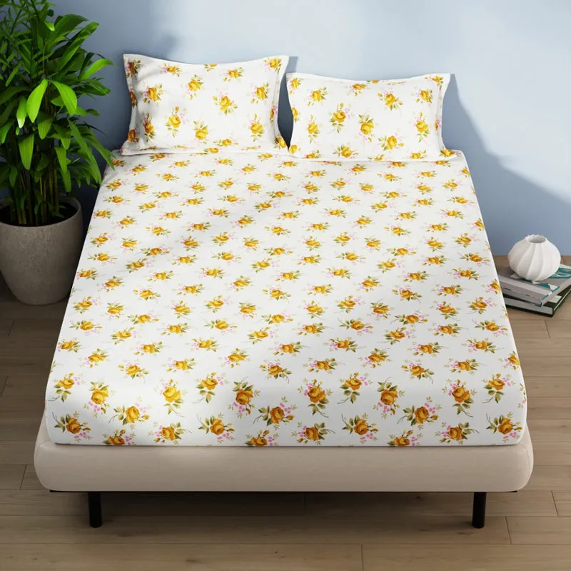Serina Flora Cotton Bedsheet (Yellow) - 144 TC media 1