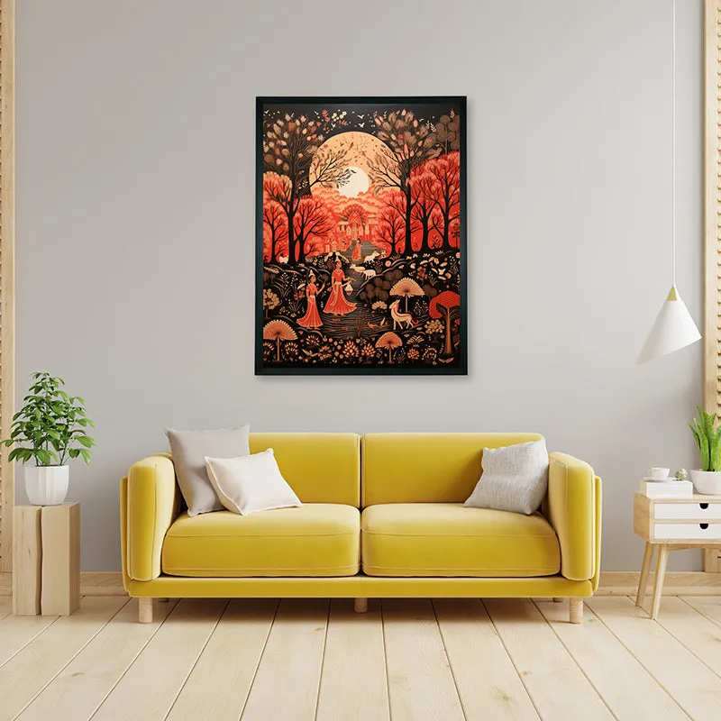 Framed tribal wall art displayed above a yellow sofa in a living room