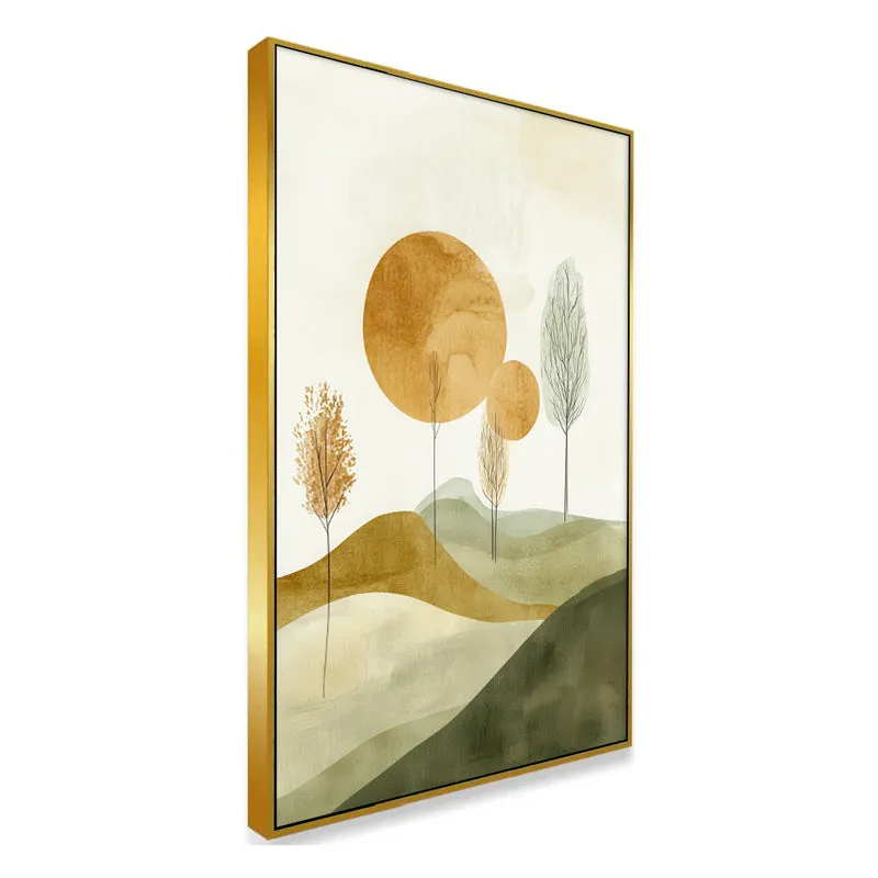 Ochre & Olive Hillside Landscape Canvas Wall Painting With Frame - Gold media 3