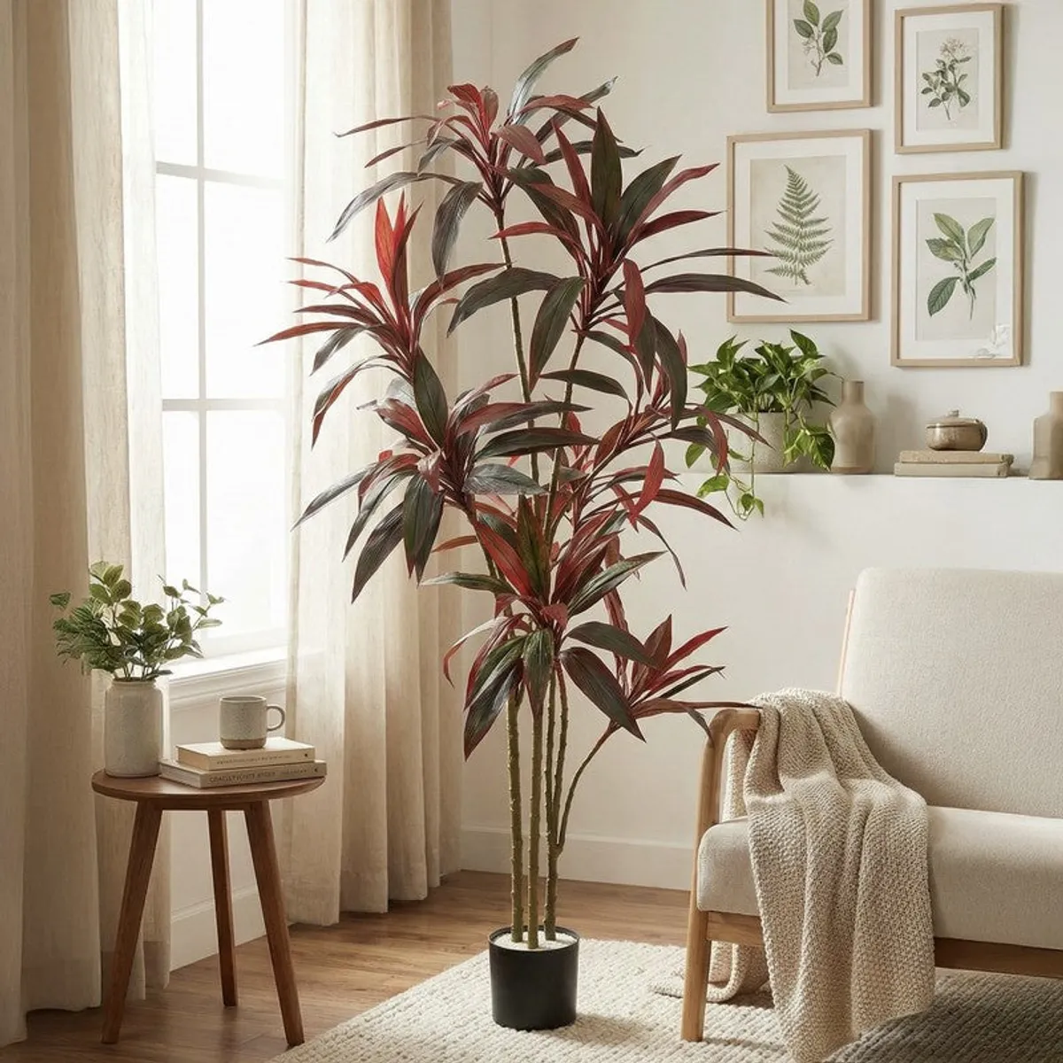 Tall artificial Dracaena with green and red leaves in a black pot
