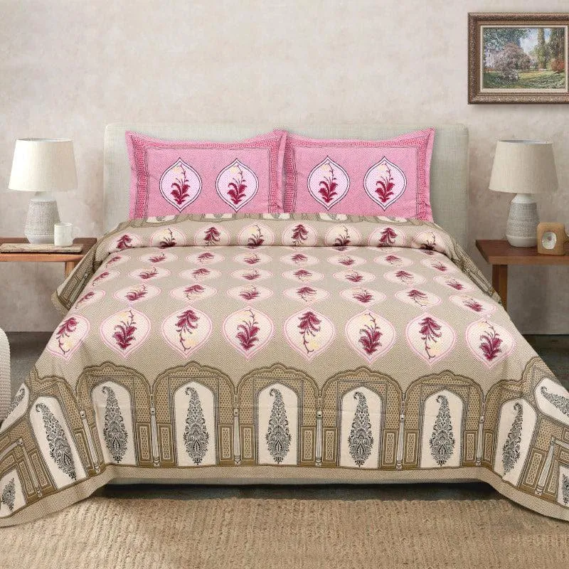 Ethnic Ashva Cotton Bedsheet (Beige) - 260 TC media 1