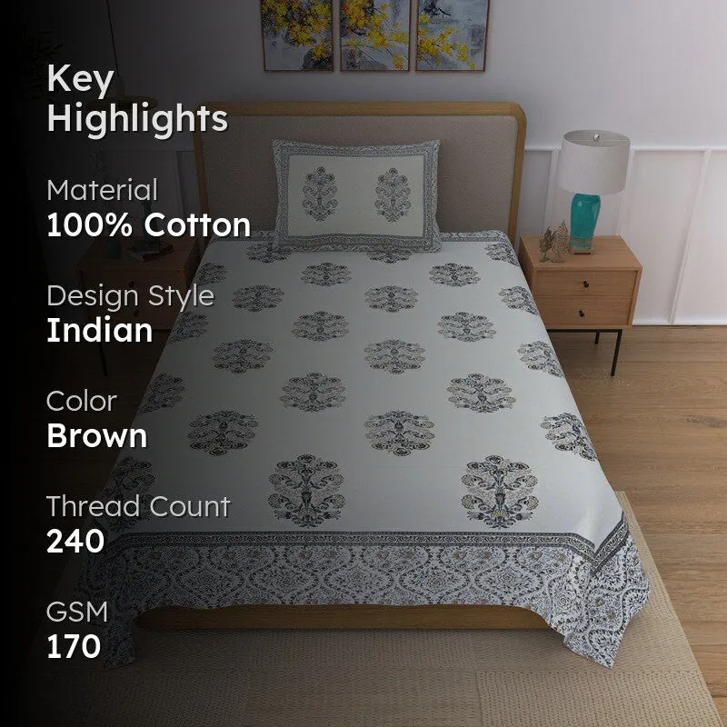 Softella Ethnic Cotton Bedsheet (Brown) - 240 TC media 2