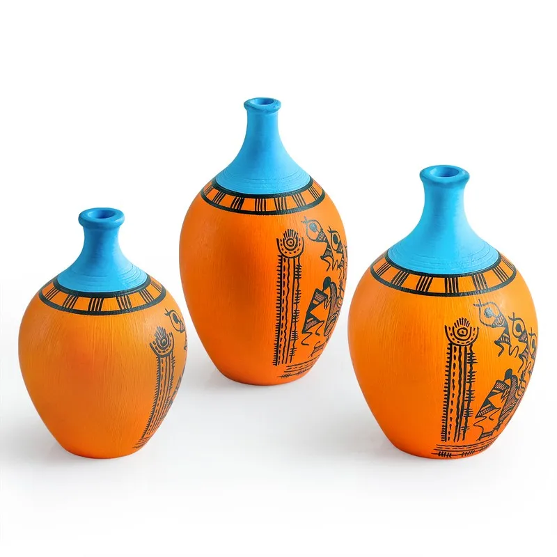 Warli Tales Vases - Set of 3 (Orange, Blue) media 4