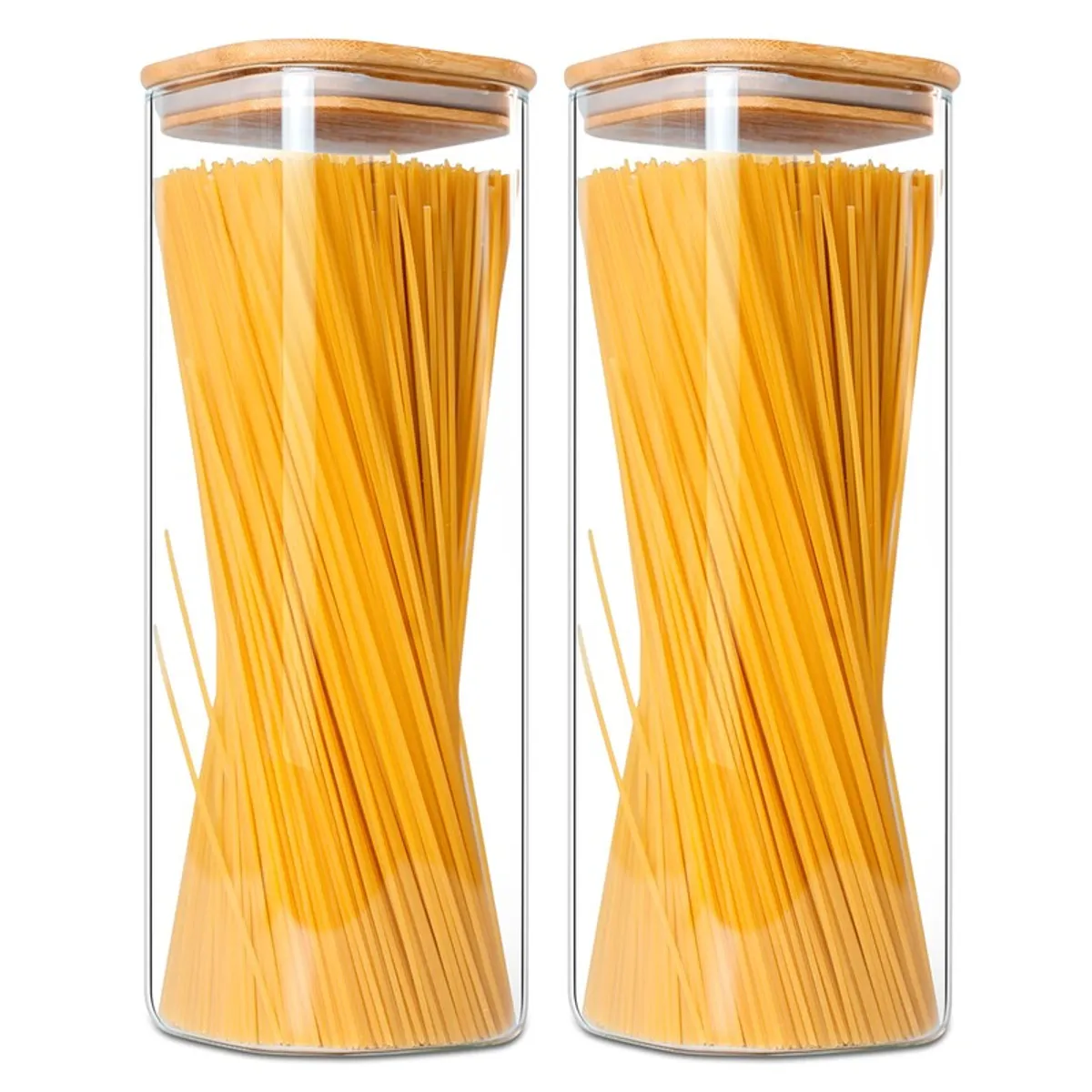Two tall transparent glass jars with bamboo lids filled with spaghetti