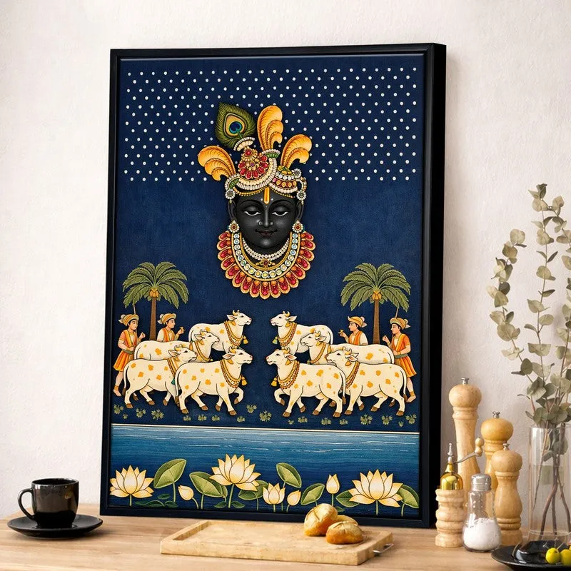 Krishna Gwalas Cow Canvas Wall Painting With Frame media 2