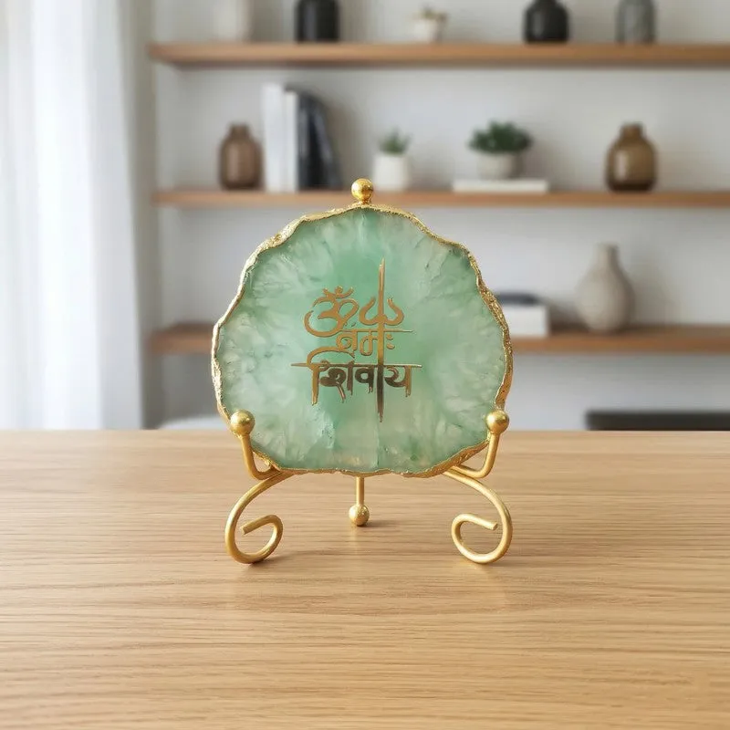Om Namah Shivay Agate Showpiece With Stand - Green media 4
