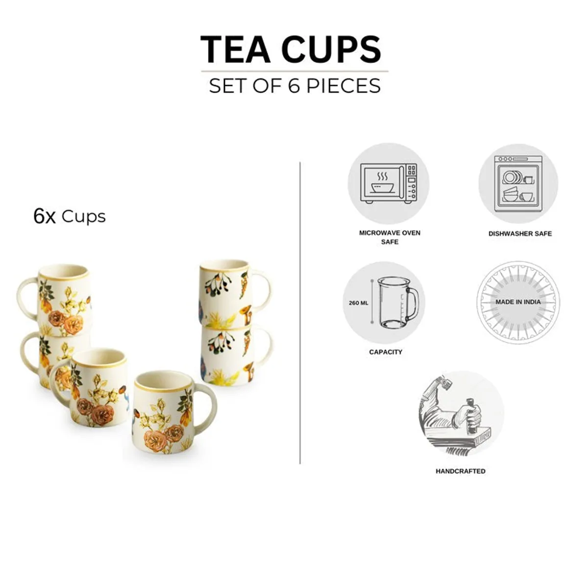 Set of six tea cups with feature icons on a white background