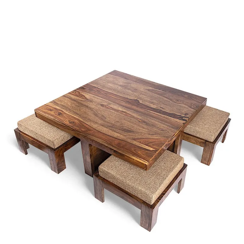 Evrino Sheesham Wooden Center Table with Stools and Cushions (Brown) - Nine Piece Set media 3