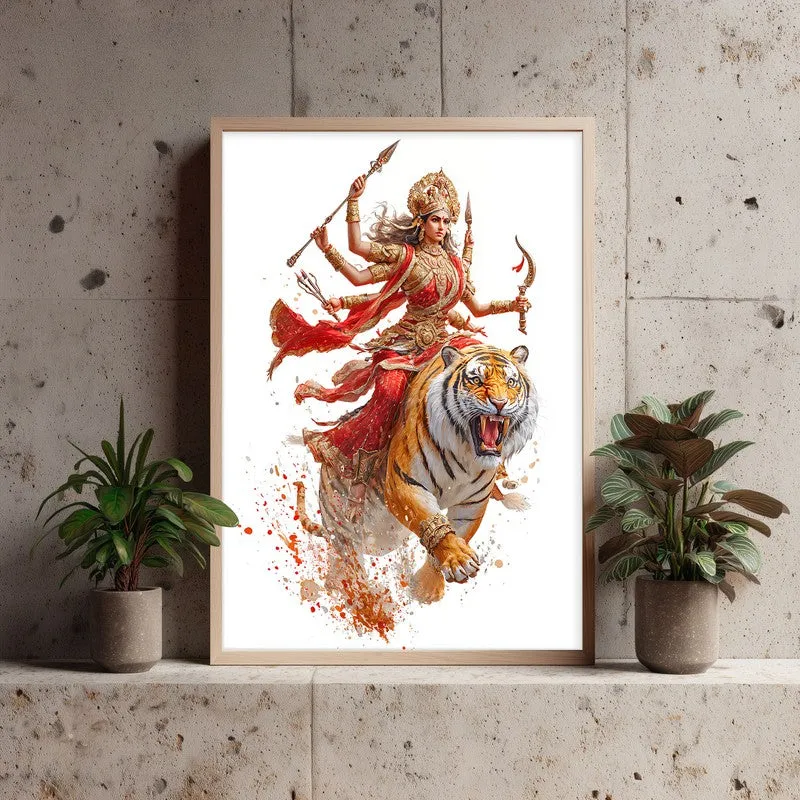 Maa Durga With Tiger Archival Paper Wall Art - Natural Brown Frame media 4