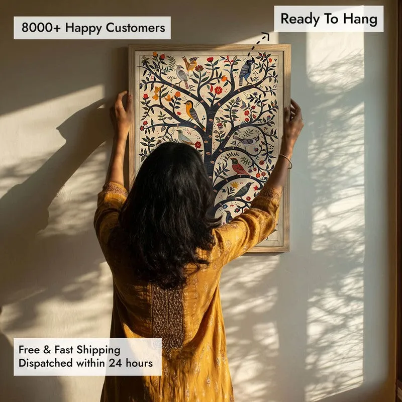 Bloomspire Tree of Life Folk Art Canvas Wall Painting With Brown Frame media 8
