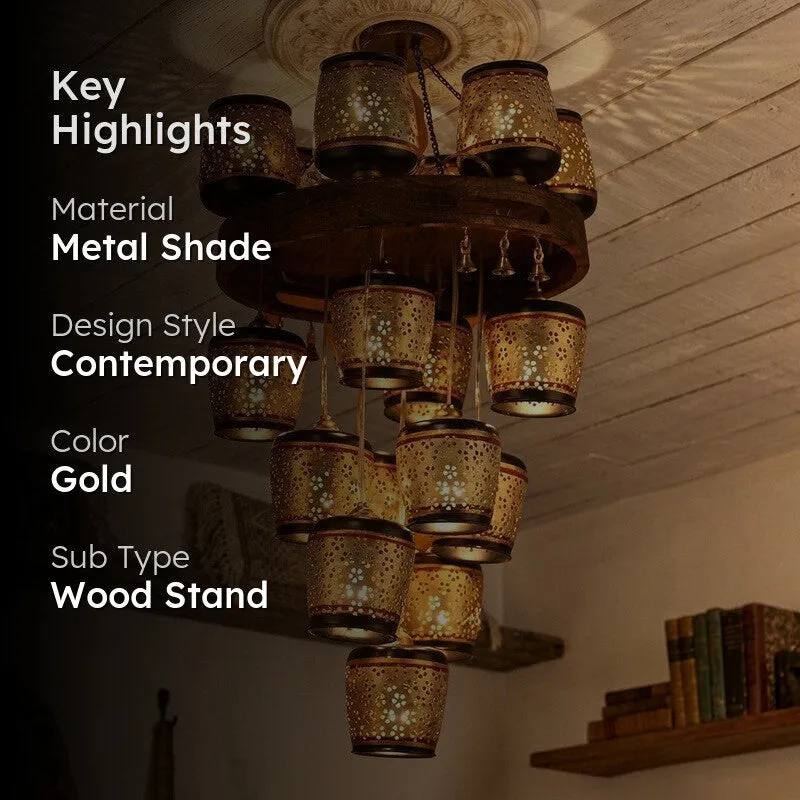 Key highlights graphic showing chandelier details over a product image