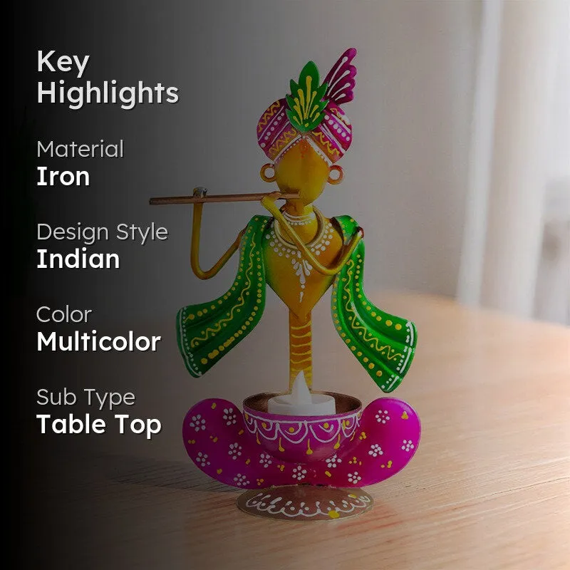 Krishan Iron Figurine with Diya - Purple,Yellow media 2