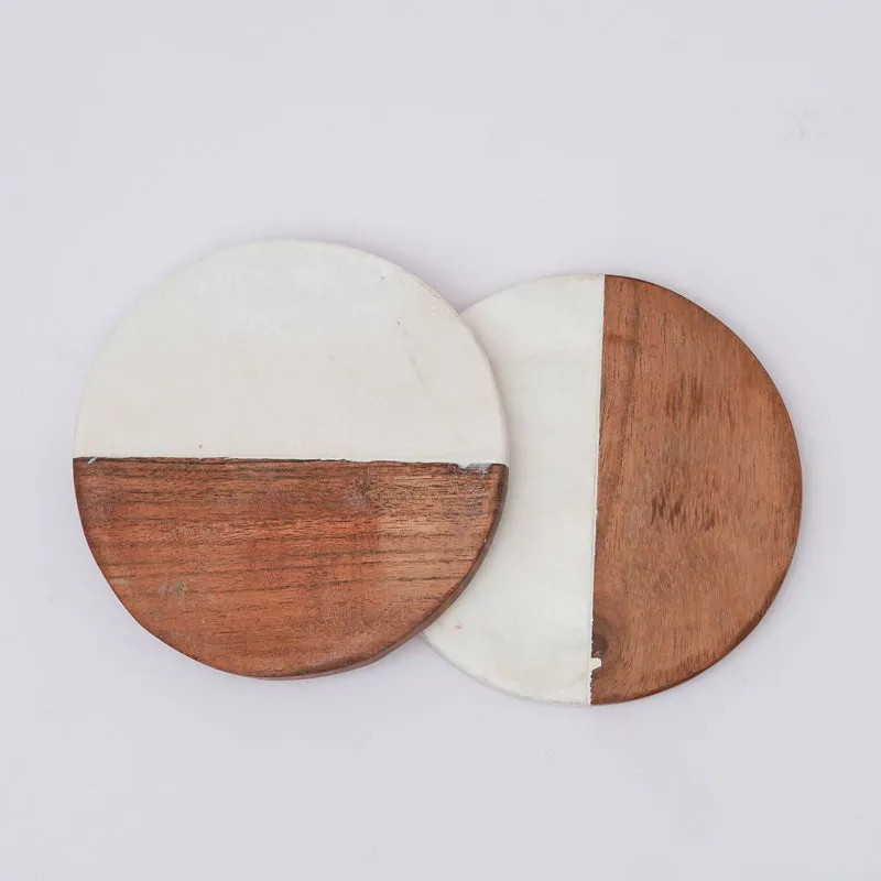 Losa Handmade Round Marble And Wooden Coaster - Set Of Two media 4