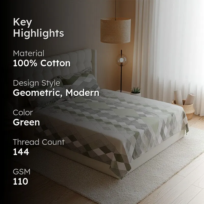 Jora Geometric Cotton Bedsheet (Green) - 144 TC media 2