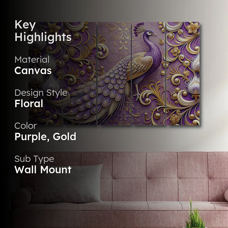 Purple Peacock Canvas Wall Art - Set Of Five media 2