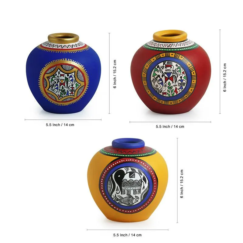 Chilika Warli Handpainted Terracotta Vase - Set Of Three media 4