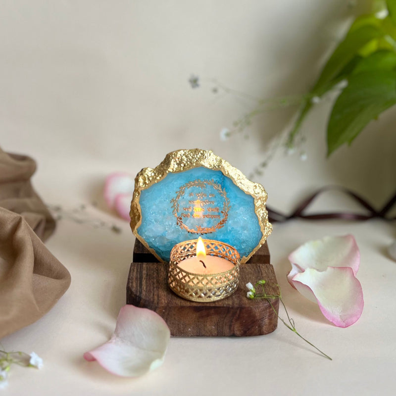 Gayathri Mantra Handcrafted Agate Religious Accent With Tealight Candle Holder - Turquoise