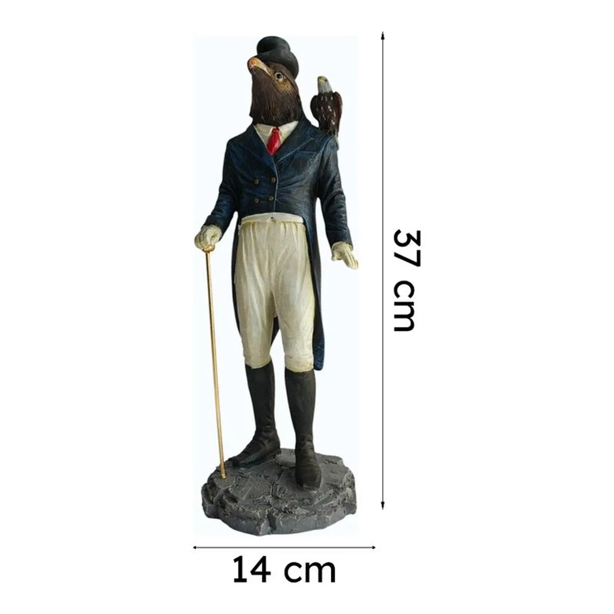 Front view of the rooster gentleman showpiece with size markings beside it