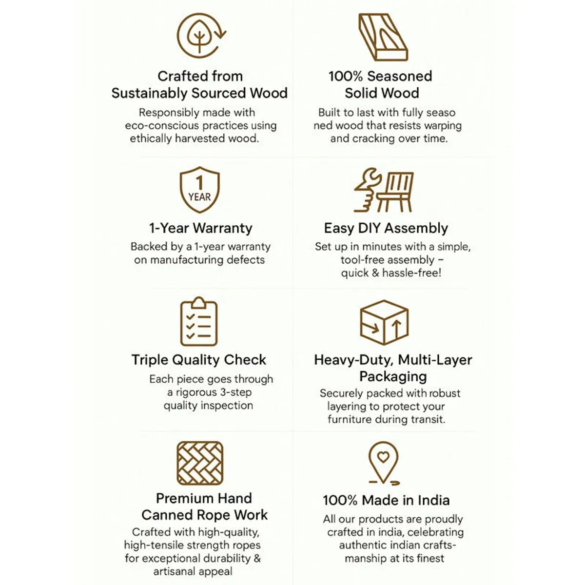 Product feature graphic with icons for wood, warranty and easy assembly