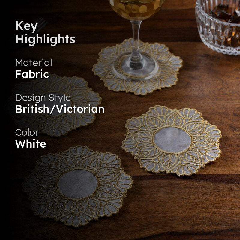 Elegant White Fabric Coaster with Gold Embroidery – Set of Four media 2