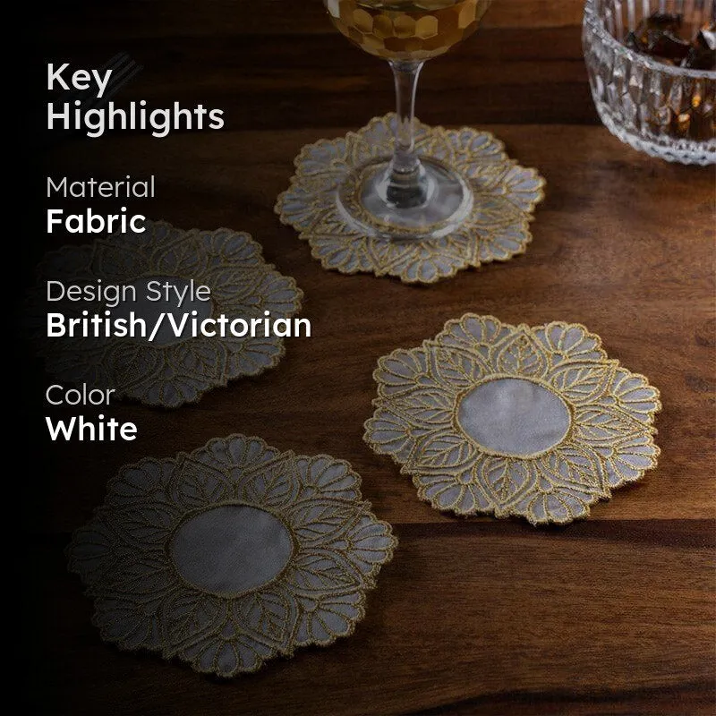 Elegant White Fabric Coaster with Gold Embroidery – Set of Four media 2