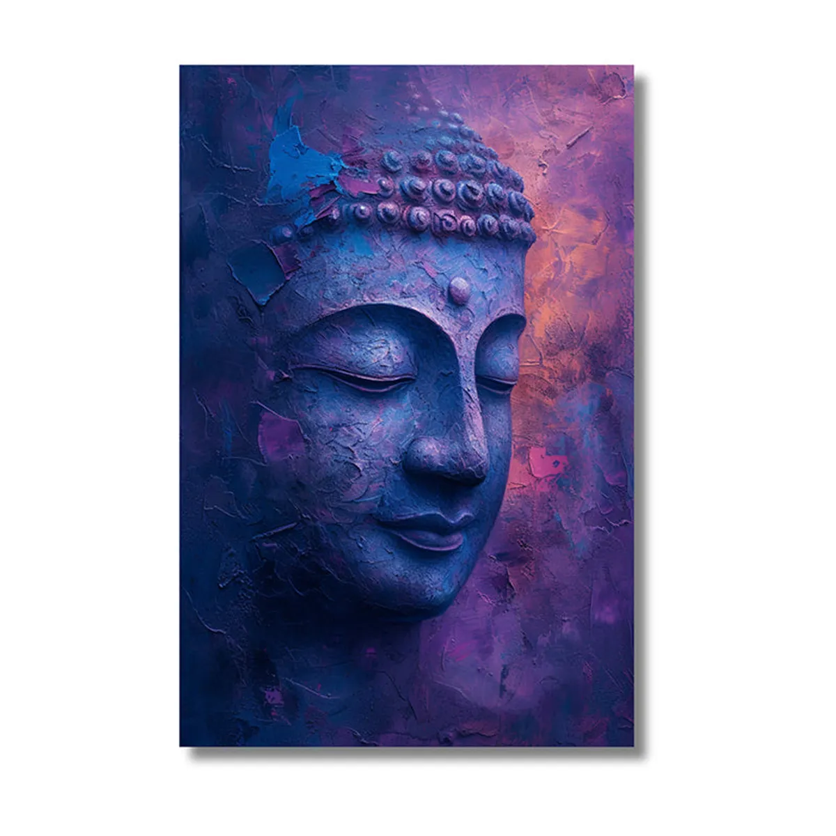 Close view of a textured Buddha portrait canvas in purple and blue tones