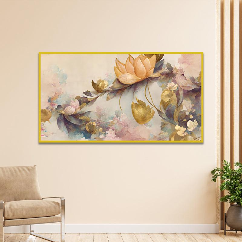 Lotus Of Whimsy Floral Canvas Wall Painting With Frame - Gold