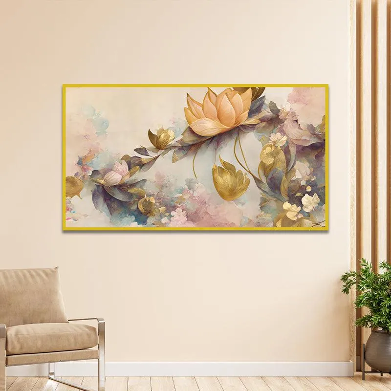 Lotus Of Whimsy Floral Canvas Wall Painting With Frame - Gold media 1