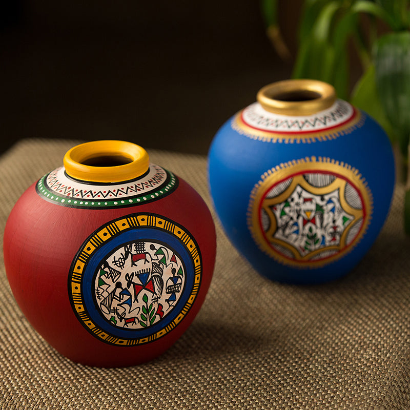 Kapiva Warli Handpainted Terracotta Vase (Blue & Red) - Set Of Two