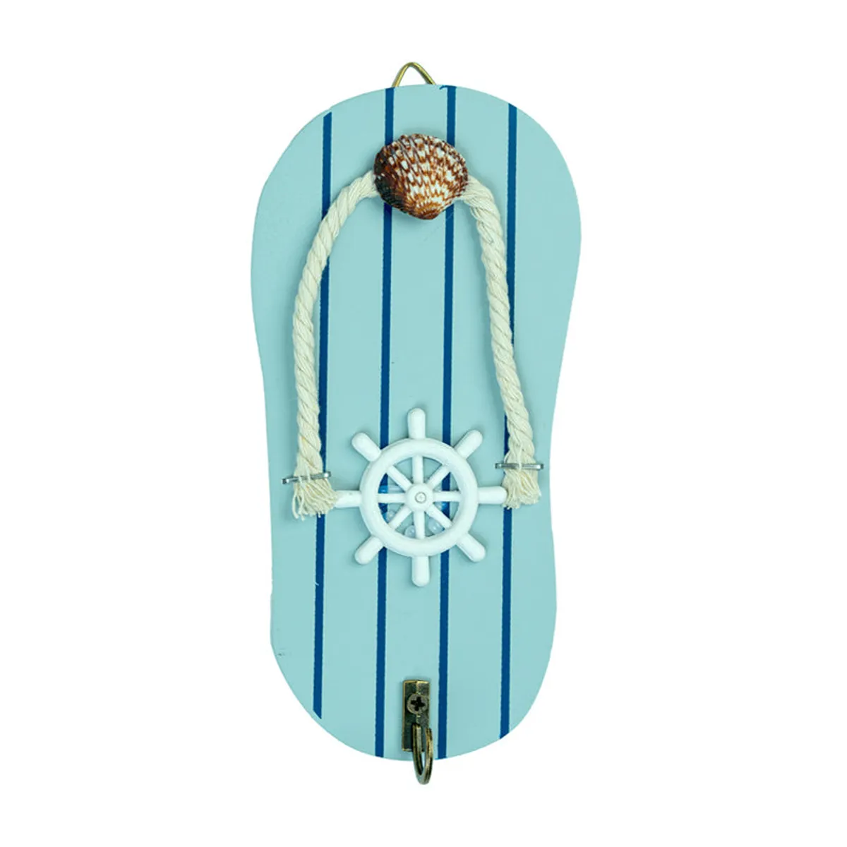 Front view of a blue striped flip-flop shaped wall hook with a white ship wheel