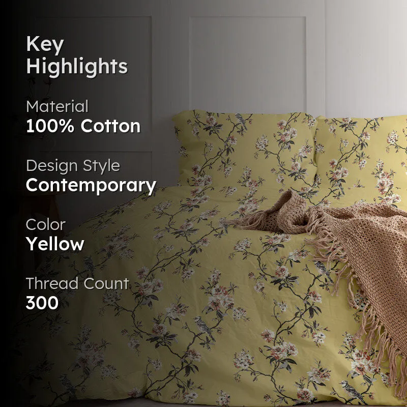 Cherry Blossom Printed Cotton Duvet Cover - Mustard Yellow media 2